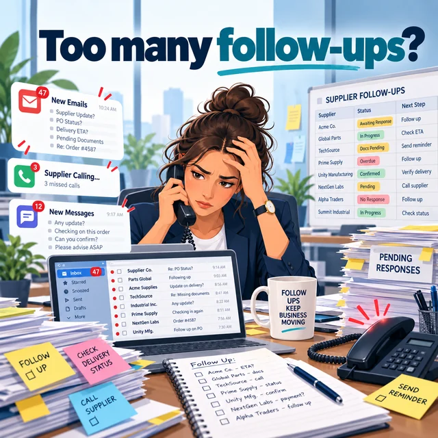 Marketing illustration of a procurement buyer managing too many supplier follow-ups