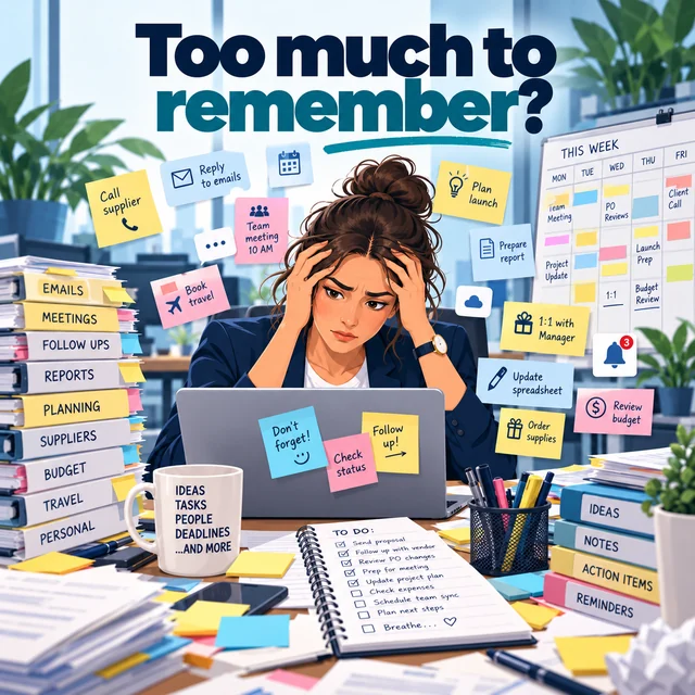 Marketing illustration of a procurement buyer with too much to remember