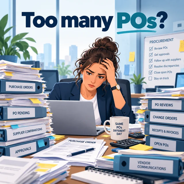 Marketing illustration of a procurement buyer managing too many POs