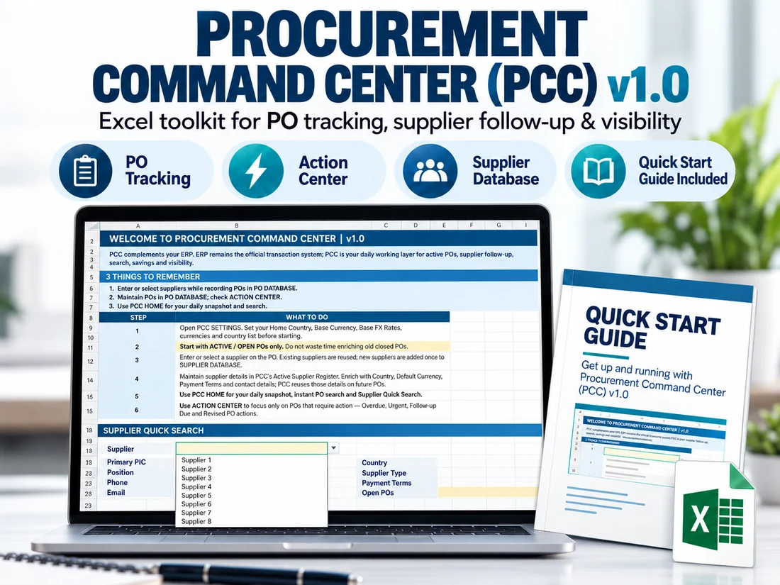 Procurement Command Center v1.0 product artwork showing the workbook and Quick Start Guide